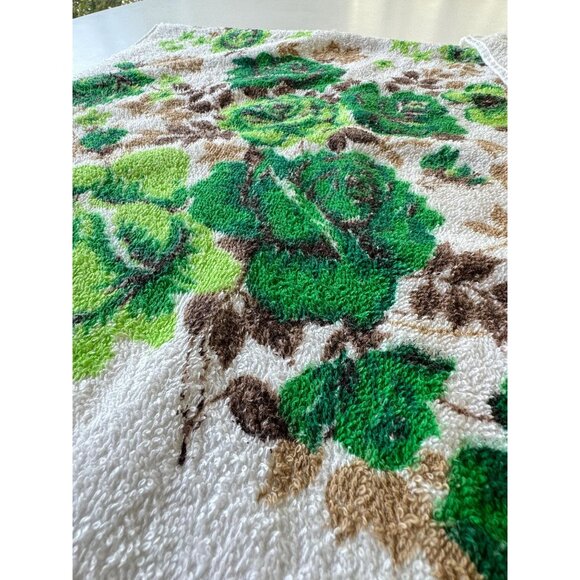 Vintage 70s bath towels, large green roses bouquet, fringed, 100% cotton, pair - Picture 5 of 9